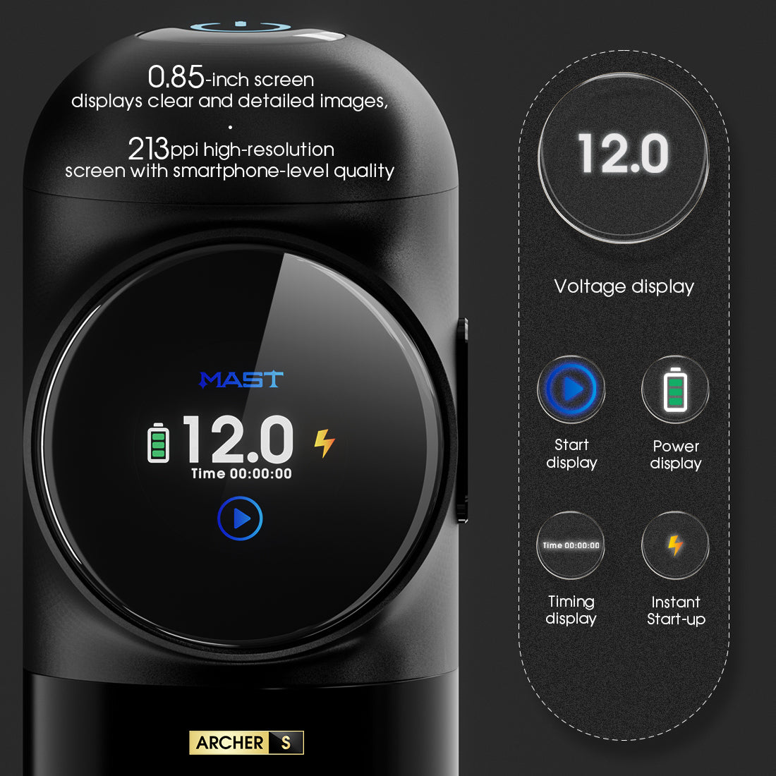 Mast Archer S wireless tattoo pen with round voltage display
