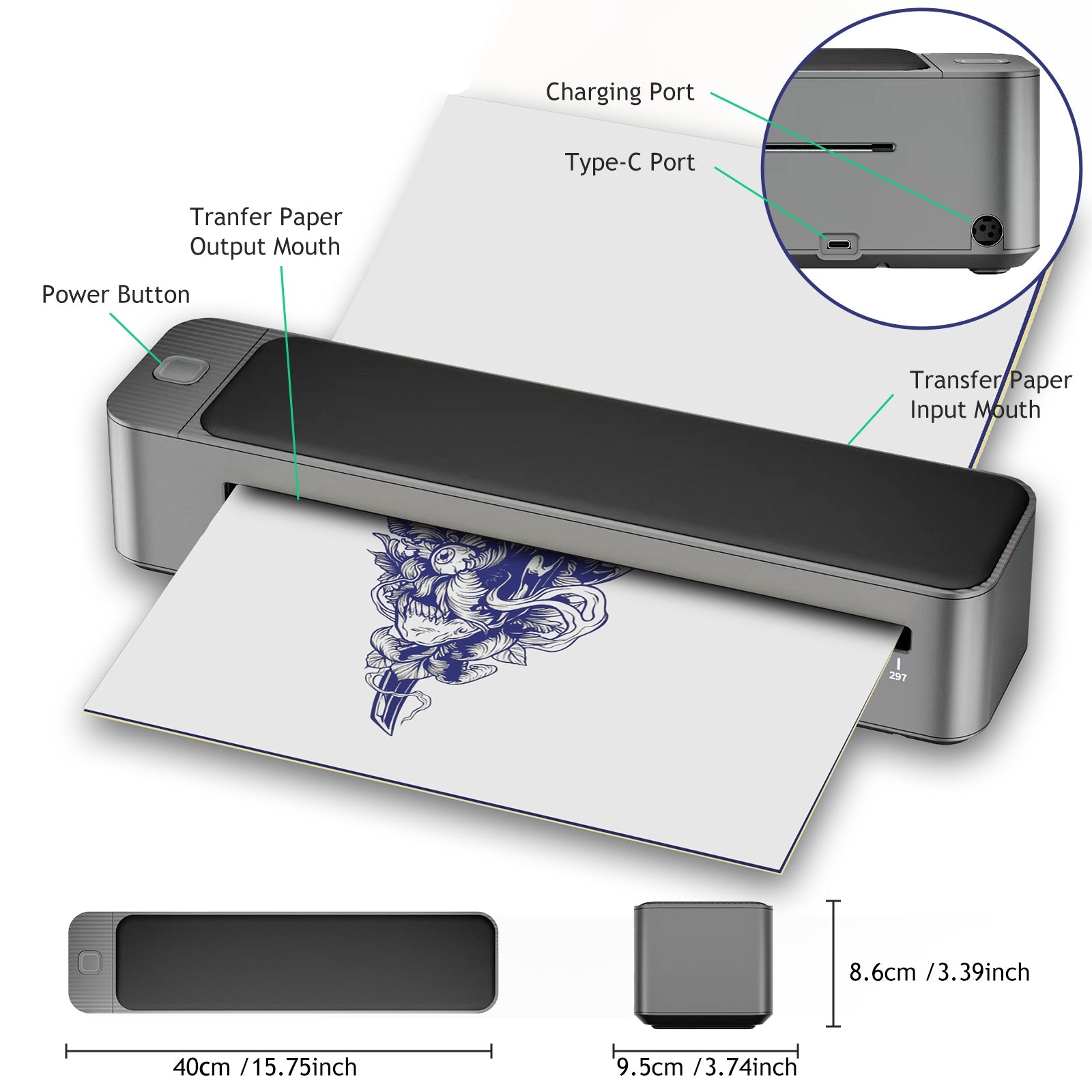 INKSOUL®️ Upgraded A3 Bluetooth Tattoo Stencil Printer Portable Tattoo Transfer Machine for Large-Scale Tattoo Stencil