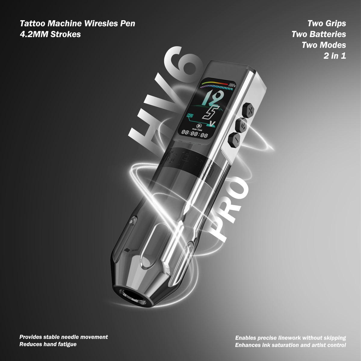 INKSOUL® Tattoo Machine Wiresles Pen 4.2MM Strokes Two Grips Two Batteries Two Modes 2 in 1 | HV6 PRO