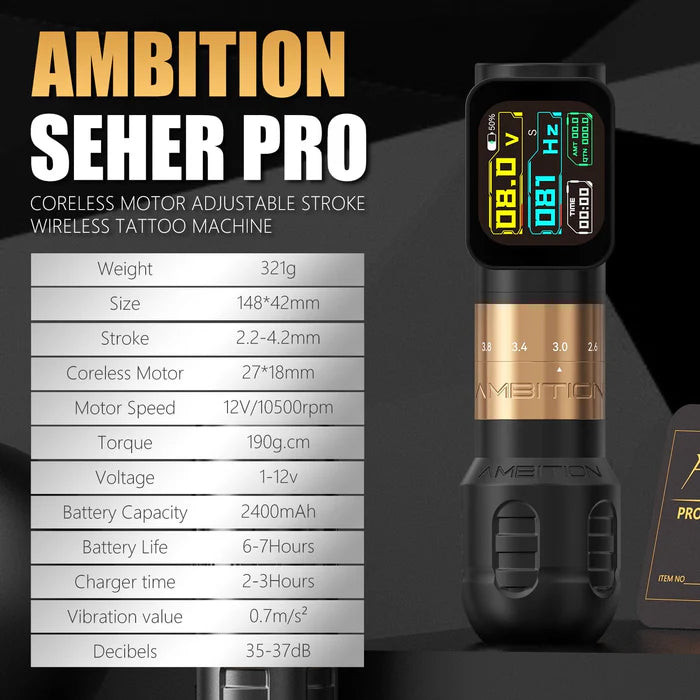Ambition Seher Pro Wireless Tattoo Pen Machine with 6 Strokes Length 2.2mm-4.2mm