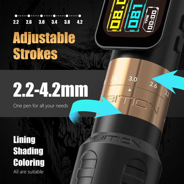 Ambition Seher Pro Wireless Tattoo Pen Machine with 6 Strokes Length 2.2mm-4.2mm