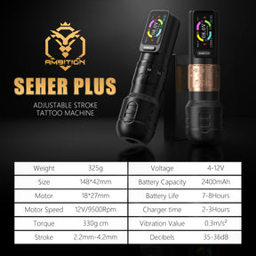 Ambition Seher Plus Wireless Tattoo Pen Machine with 6 Strokes Length 2.2mm-4.2mm