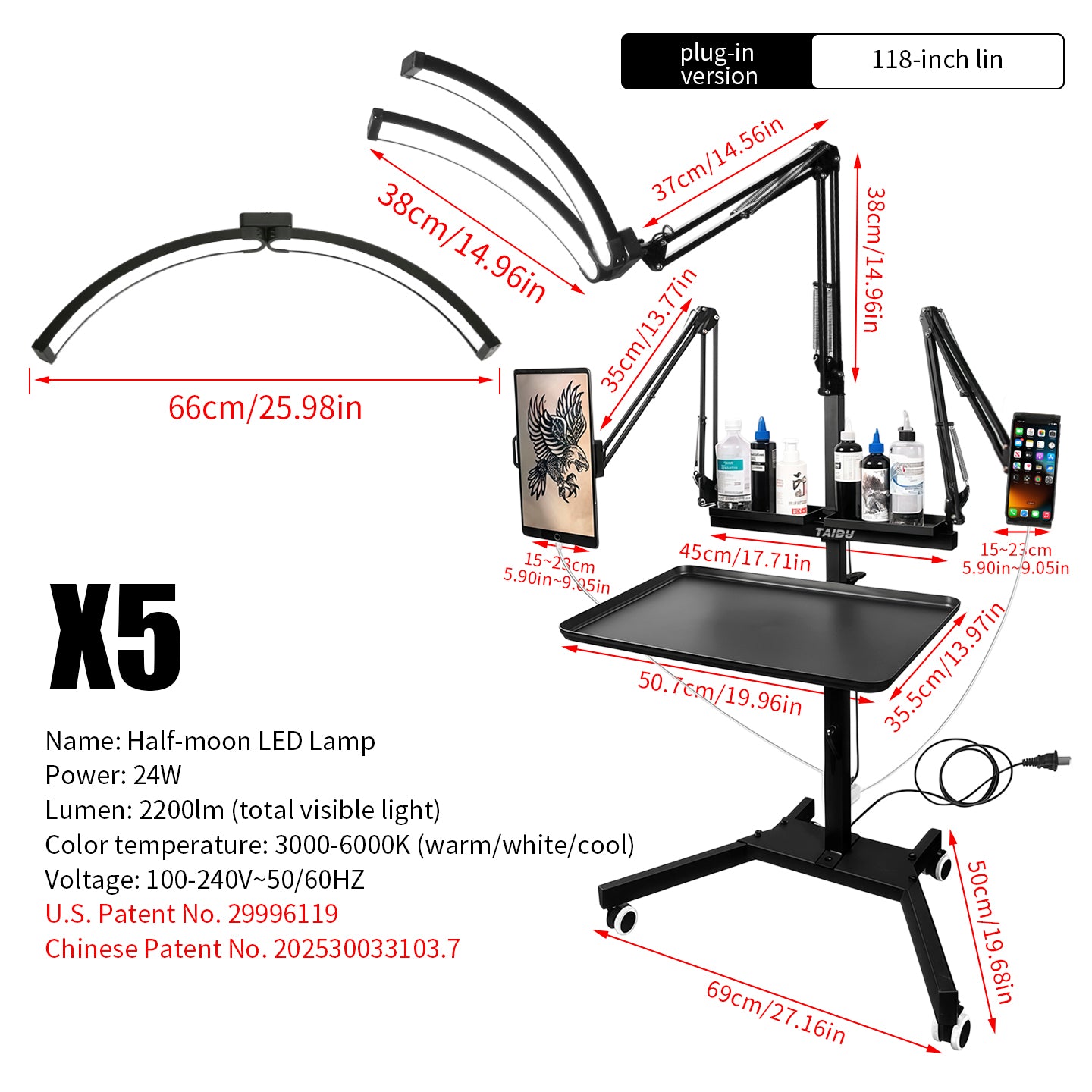 TAIDU X5 Professional Tattoo Workstation with Foldable Half-Moon Light