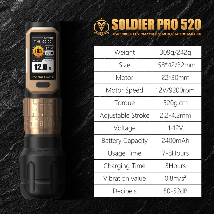 Ambition Soldier Pro 520 Wireless Tattoo Pen Machine with 6 Strokes Length 2.2mm-4.2mm