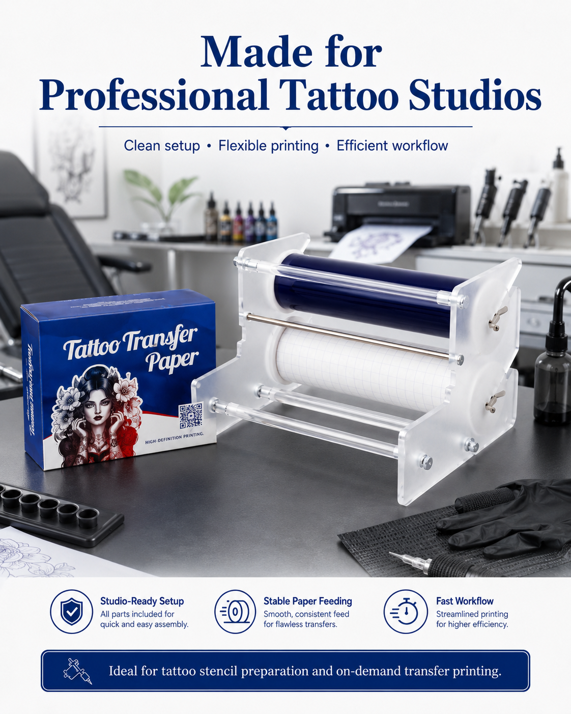 AIMO Rollpapier | Tattoo -Schablonenpapier 210 cm x 30 m mit Klammer trennen