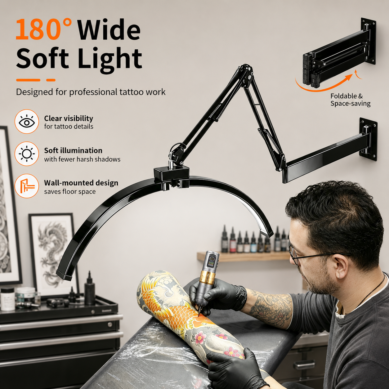 TAIDU Professional Tattoo Wall-Mounted Lighting Kit for Shading & Detail Work (with Anti-Glare Glasse)
